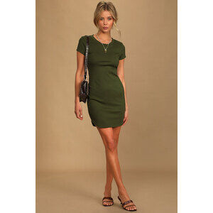 Lulus Going On A Stroll Olive Green Ribbed Shirt Dress - Size M